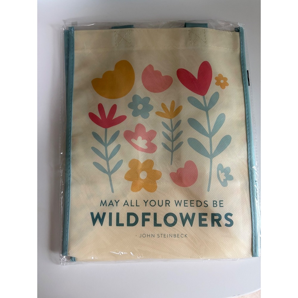 John Steinbeck Wildflowers Quote Reusable Tote Bag Floral Cream Teal New
